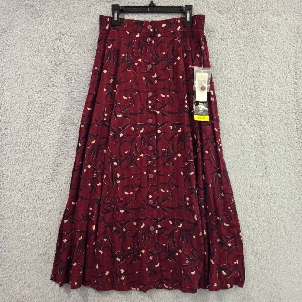 Sag Harbor Skirt Women Small Burgundy Floral Button Front Maxi Cottagecore Rayon